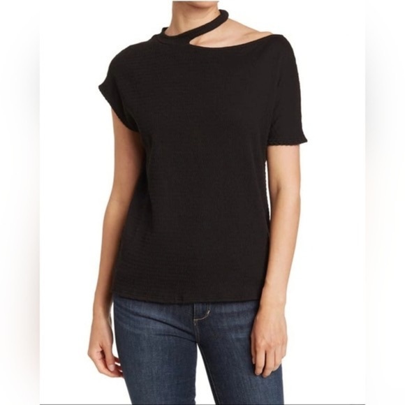 Gibsonlook Nordstrom XS Black Textured Asymmetrical Shoulder Smocked Top NEW - Picture 1 of 6
